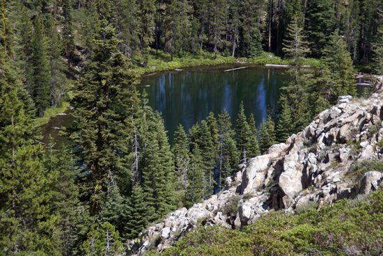 Lower Seven Lake viewed from the Pacific Crest Trail above Seven Lakes Basin.