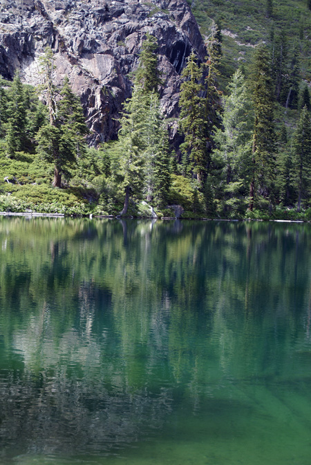 Clear and deep water of Upper Seven Lake in Seven Lakes Basin