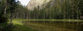 Seven Lakes Basin, with an unnamed shallow lake and Boulder Peak, near Echo Lake.
