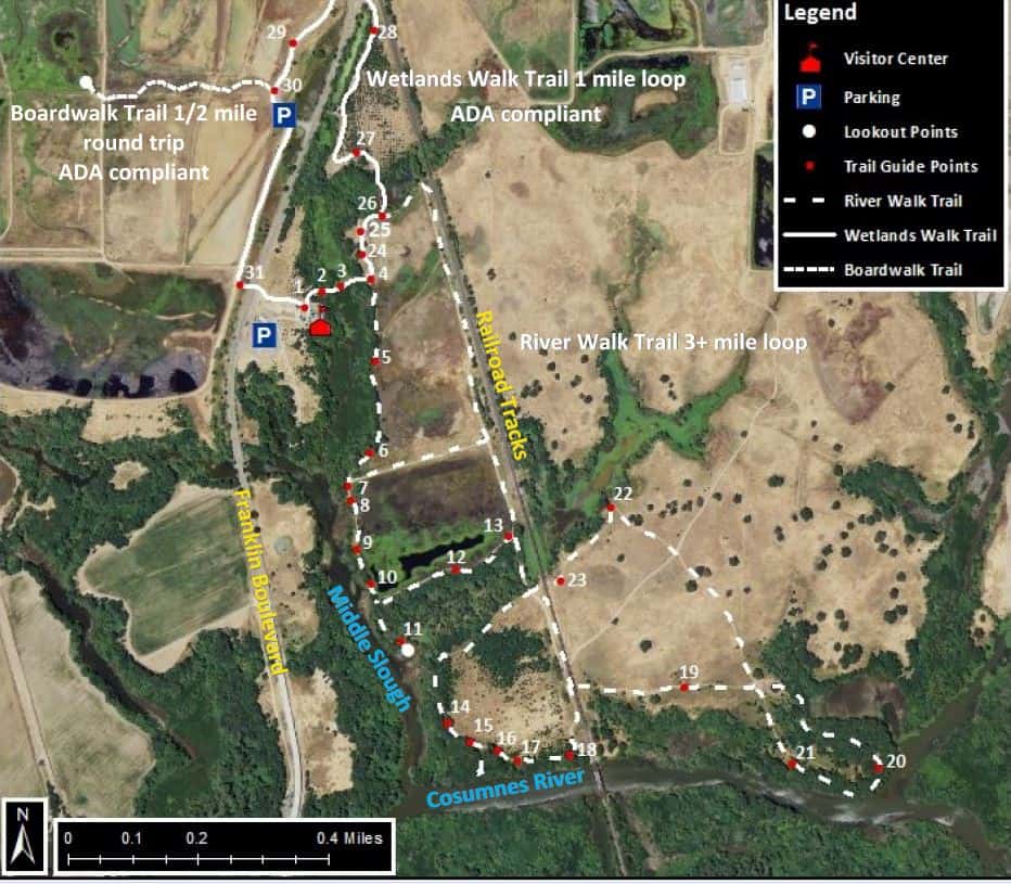 Cosumnes River Preserve Hiking Trails Map: River Walk Trail, Wetlands Walk Trail, Boardwalk Trail ADA compliant