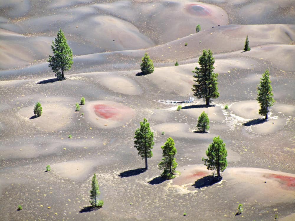 The Painted Dunes in Lassen Volcanic National Park formed when volcanic ash landed on hot basalt lava flows from Cinder Cone and then reacted with water or steam.