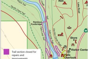 Map of 2024 Burney Falls trail closures, including the Falls Loop Trail. Note that you can still view Burney Falls from the Falls Overlook near the Visitor Center.
