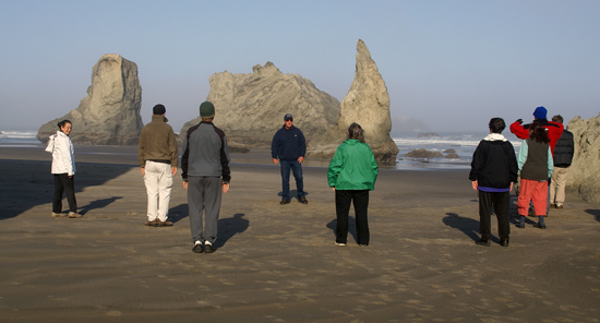 Tai chi on the beach at Bandon, Oregon